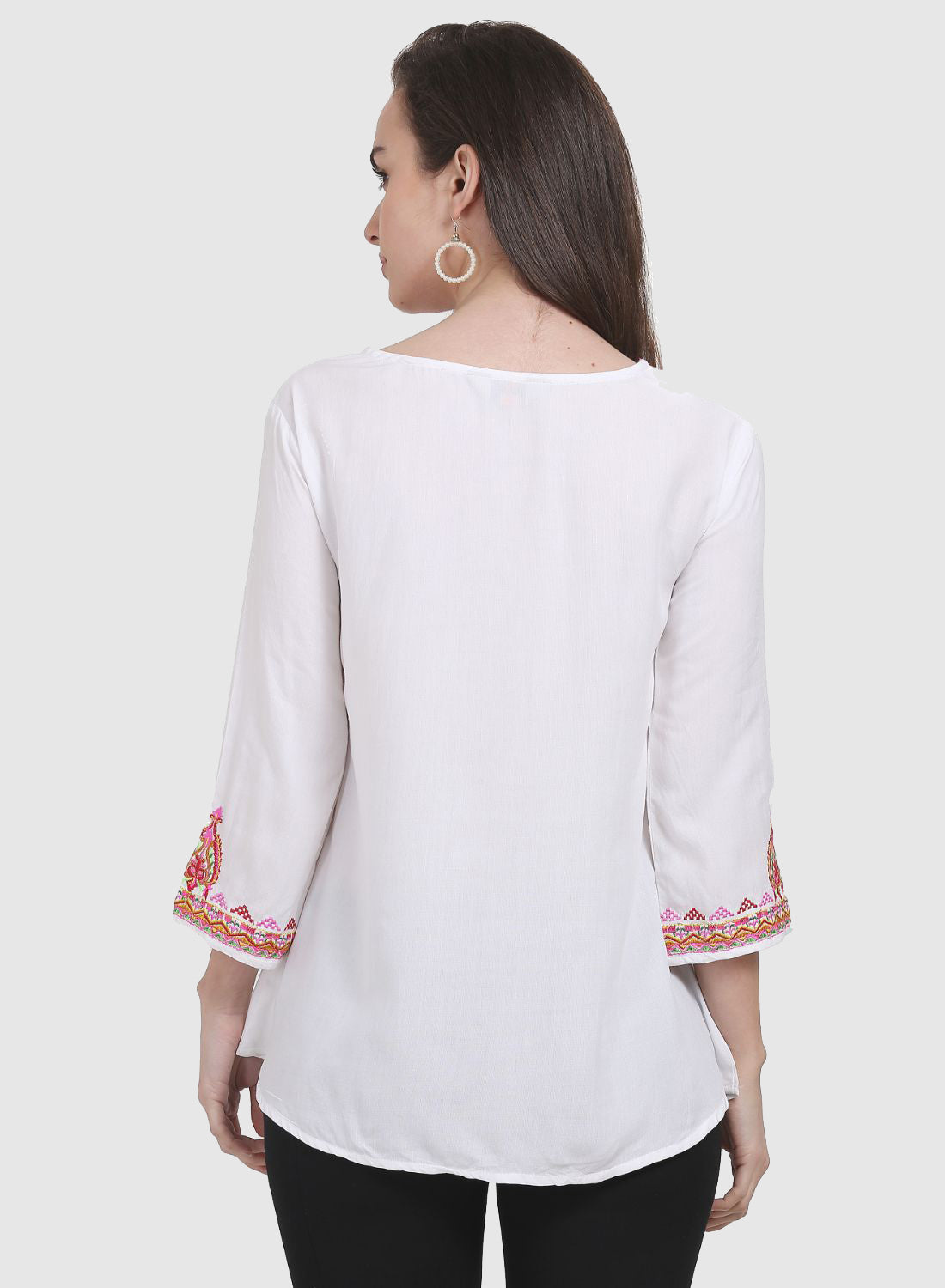 Women Top White Casual Regular Fit 3/4 Sleeve Embroidery Work