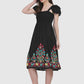 Women Dress Black Fit and Flare Rayon Midi Embroidery Work Caps Sleeves