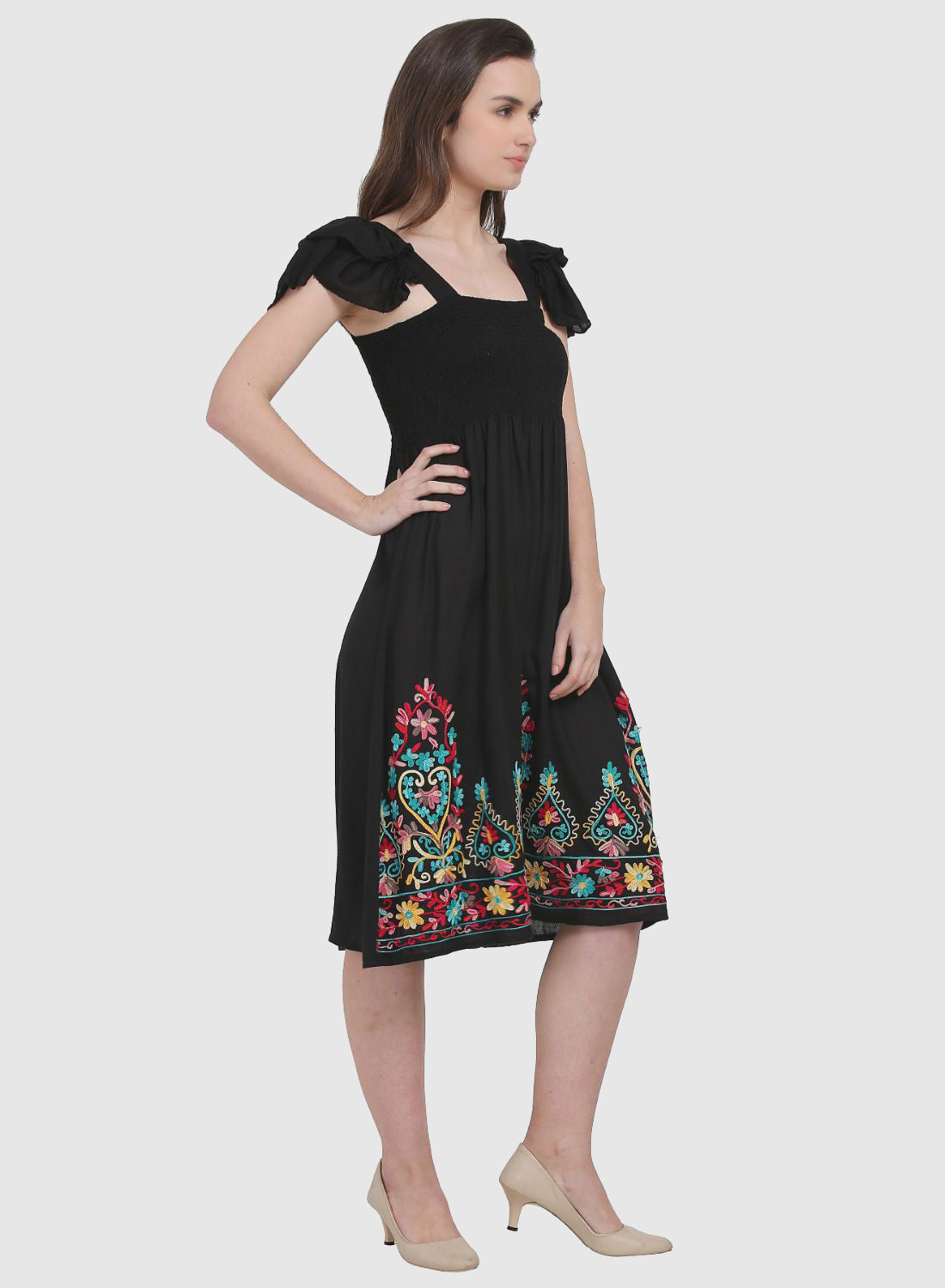Women Dress Black Fit and Flare Rayon Midi Embroidery Work Caps Sleeves