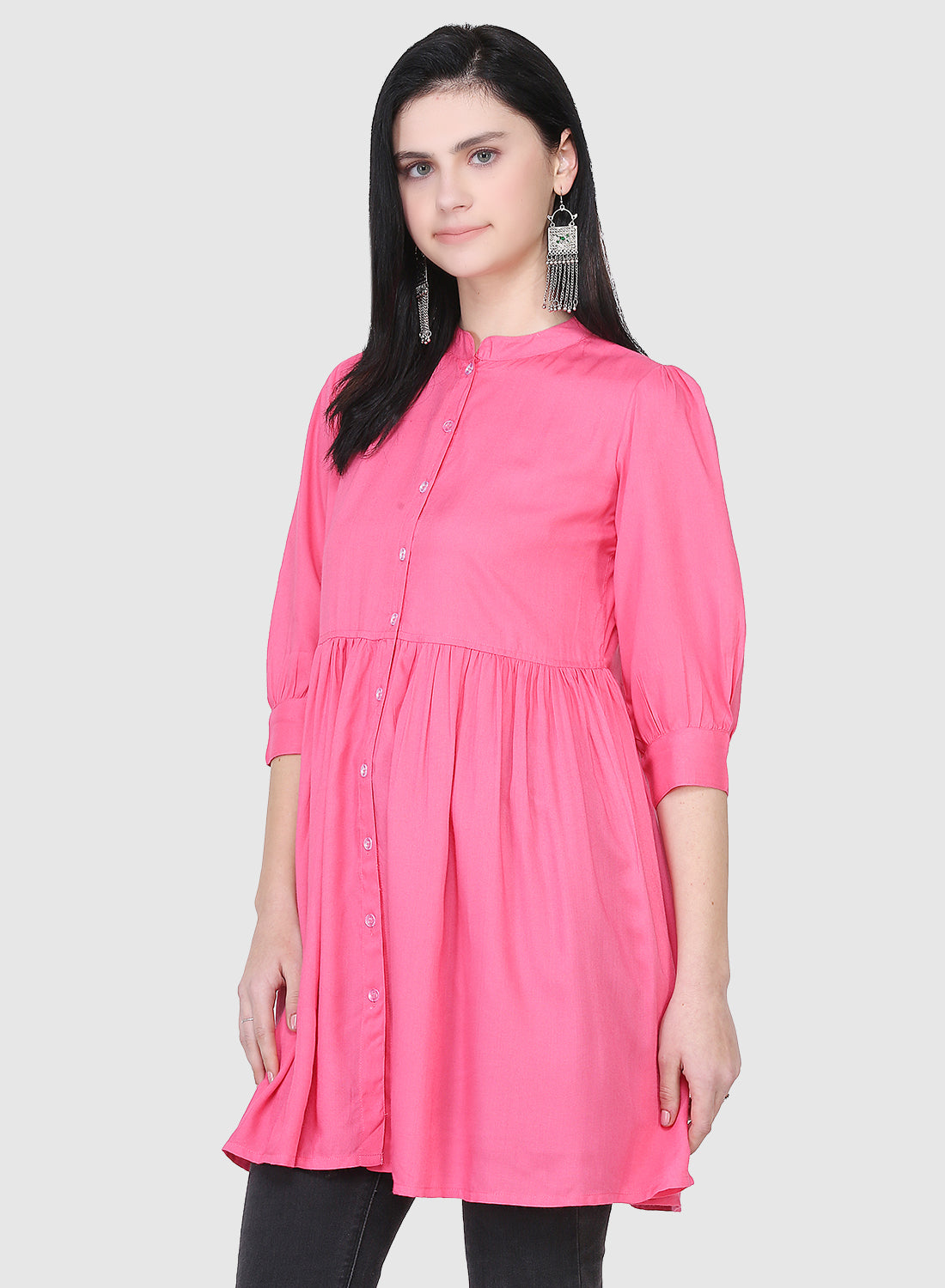 Women Top Pink Casual Regular Fit and Flare 3/4 Sleeve