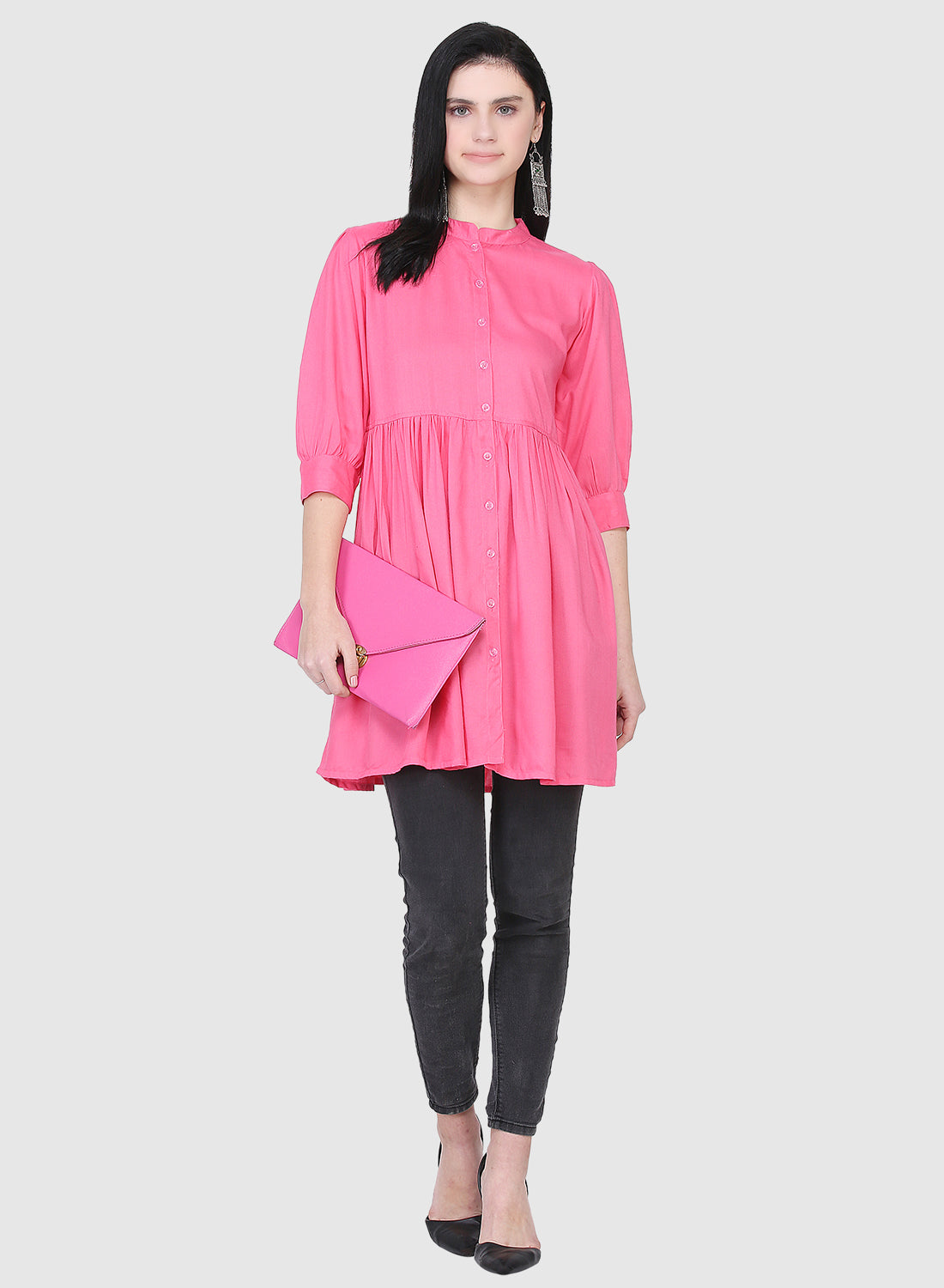 Women Top Pink Casual Regular Fit and Flare 3/4 Sleeve