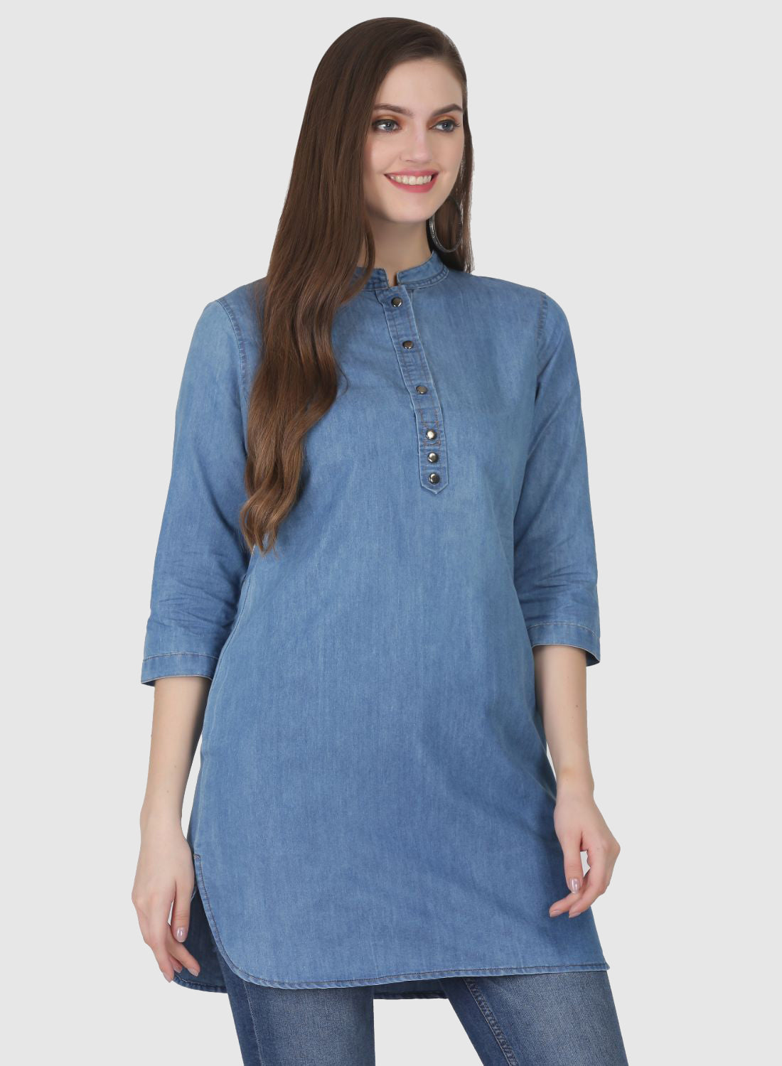 Women Top Blue Regular Fit Solid Denim