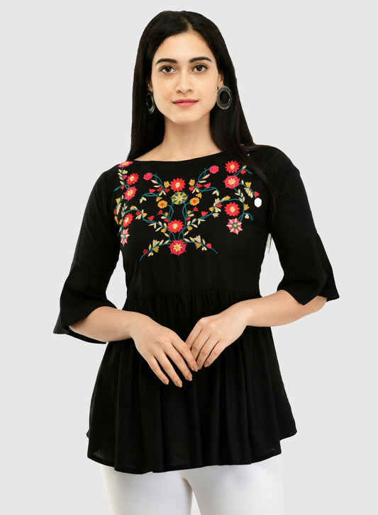 Women Top Black Casual Regular Bell Sleeve