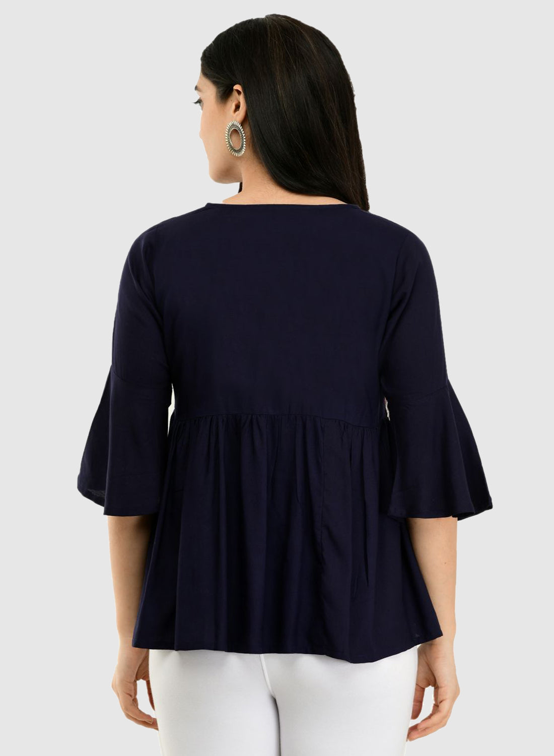 Women Top Navy Blue Casual Regular Bell Sleeve