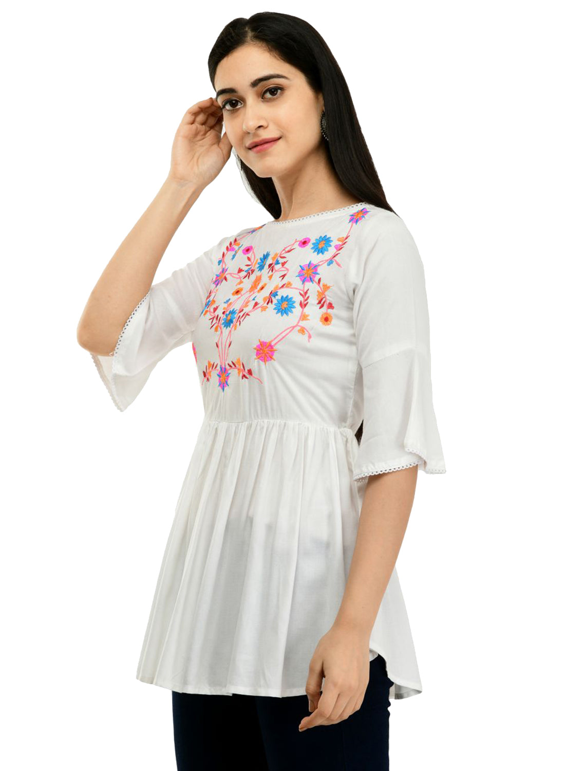 Women Top White Casual Regular Bell Sleeve