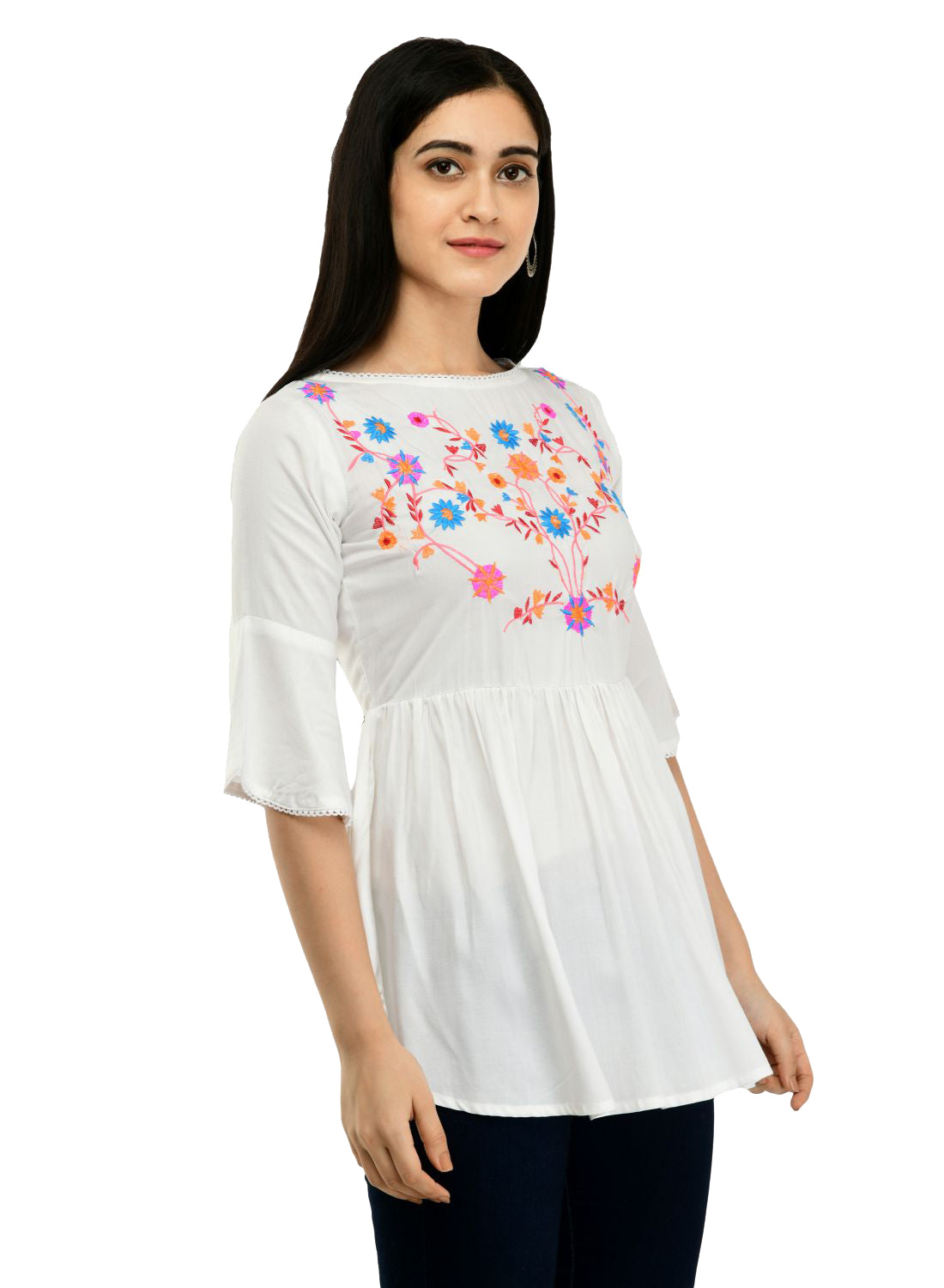 Women Top White Casual Regular Bell Sleeve