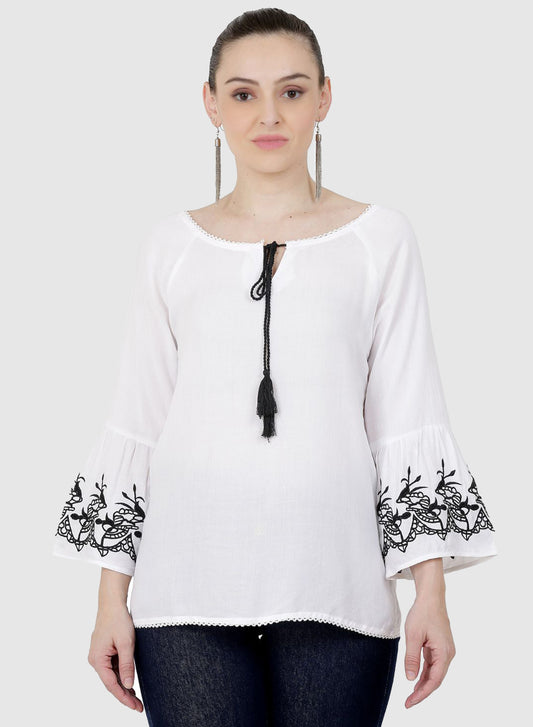 Women Top White Casual Regular Fit Bell Sleeve