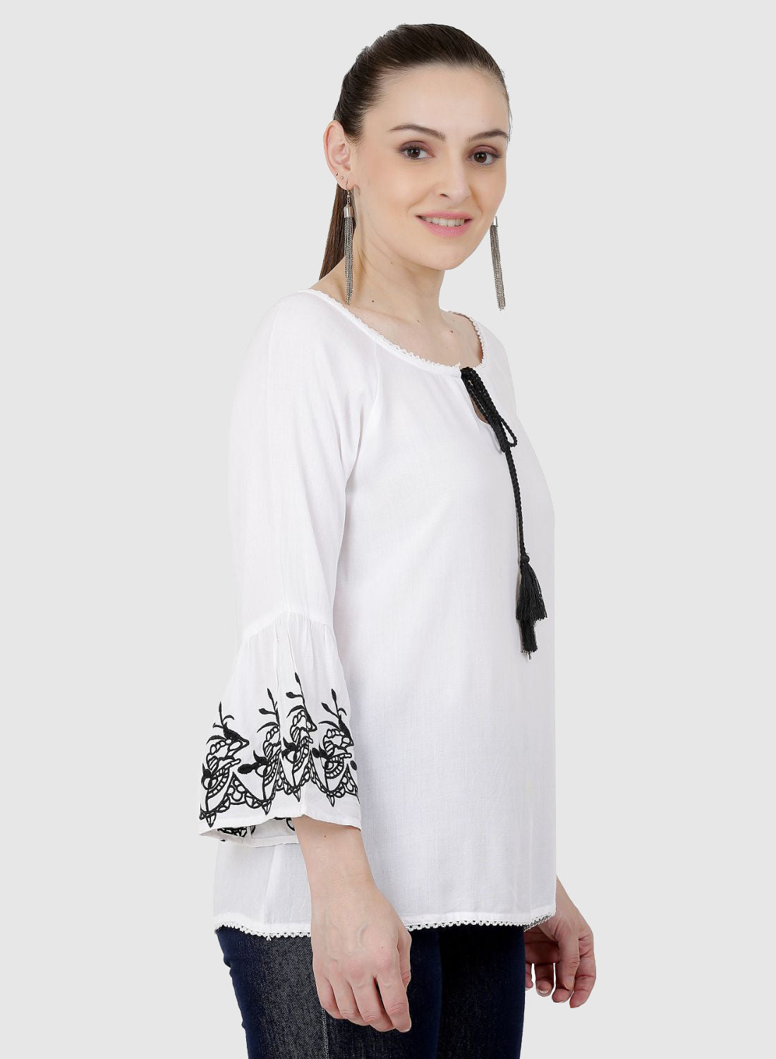 Women Top White Casual Regular Fit Bell Sleeve