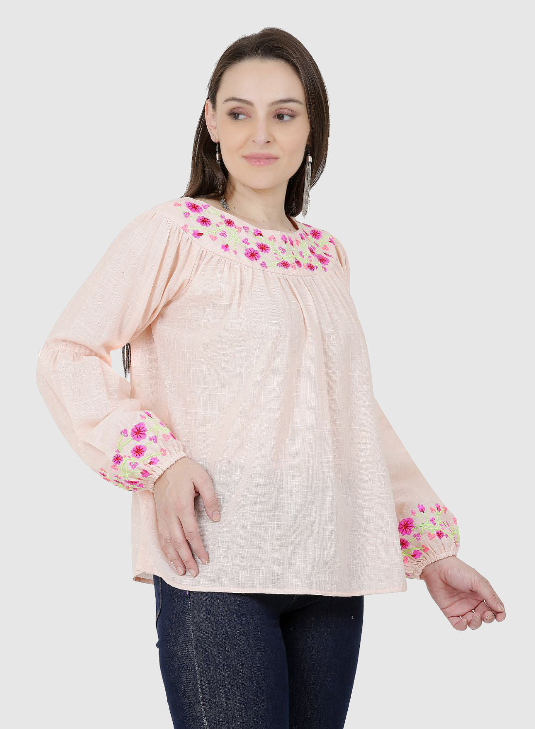 Women Top Pich Casual Regular Fit Puff Sleeve