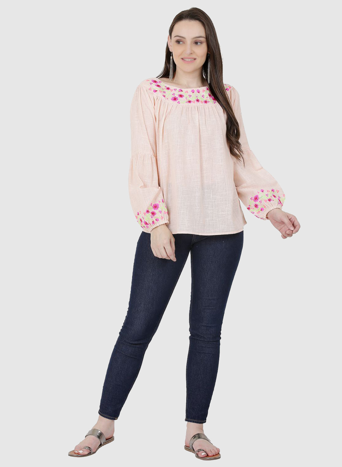 Women Top Pich Casual Regular Fit Puff Sleeve