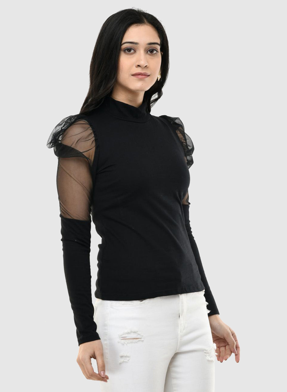 Women Top Black Casual Regular Skin Fit Net Sleeve keshav Kraft