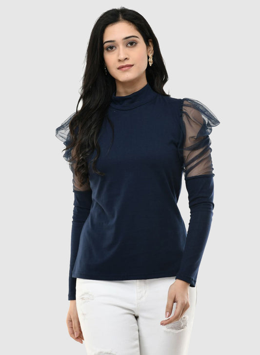 Women Top Blue Casual Regular Skin Fit Net Sleeve