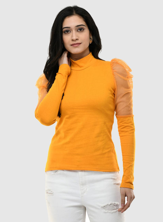 Women Top Mustard Casual Regular Skin Fit Net Sleeve