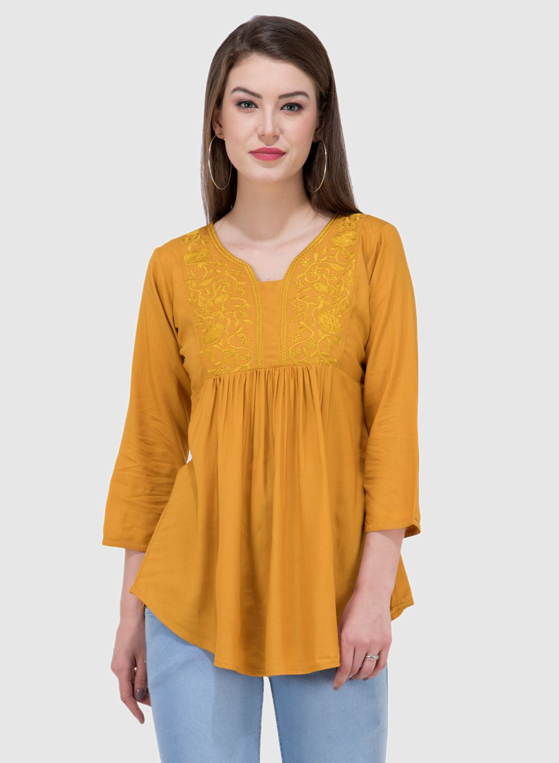 Women Top Mustard Yellow Rayon Casual Regular Fit and Flare 3/4 Sleeve