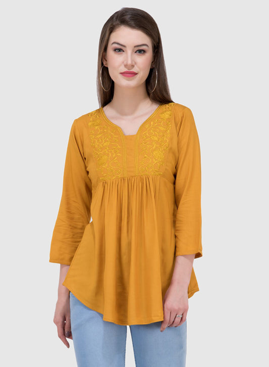 Women Top Mustard Yellow Rayon Casual Regular Fit and Flare 3/4 Sleeve