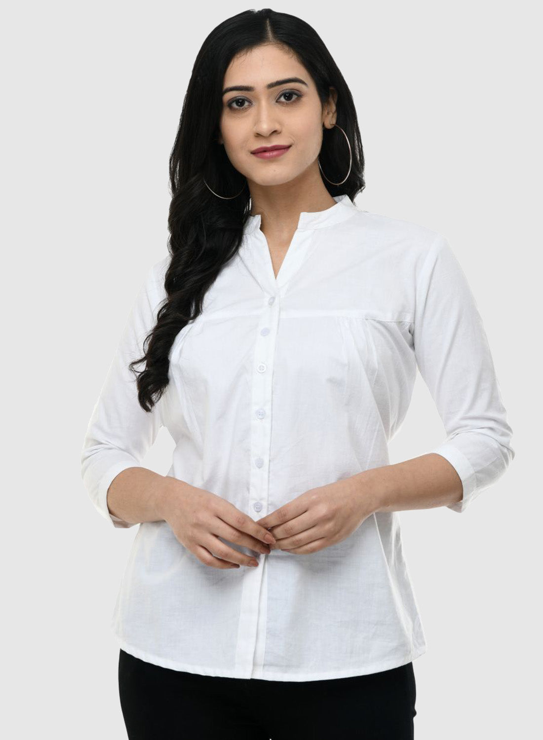 Women Shirt White Cotton Casual Regular 3/4 Sleeve