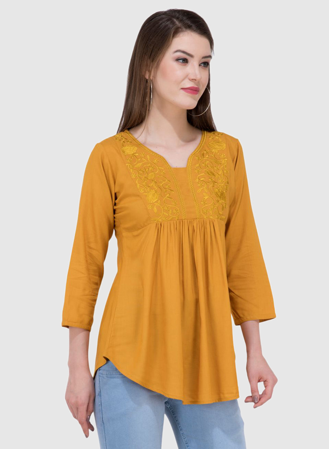 Women Top Mustard Yellow Rayon Casual Regular Fit and Flare 3/4 Sleeve