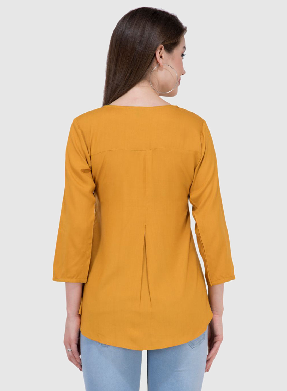 Women Top Mustard Yellow Rayon Casual Regular Fit and Flare 3/4 Sleeve