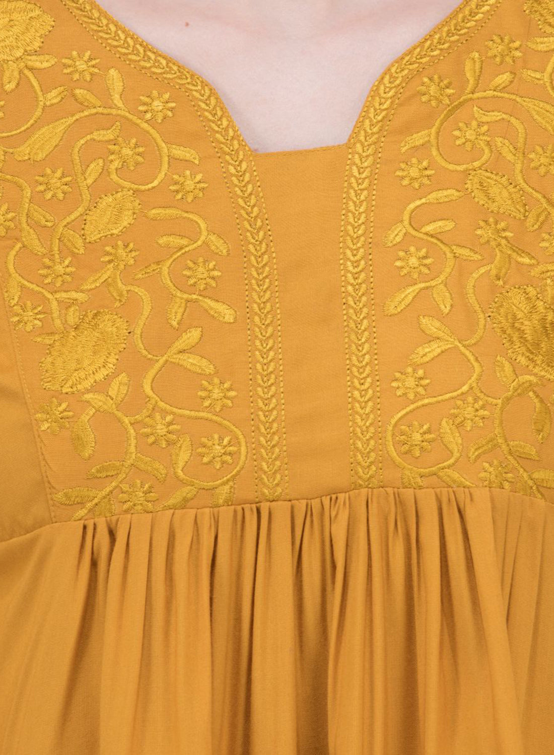 Women Top Mustard Yellow Rayon Casual Regular Fit and Flare 3/4 Sleeve