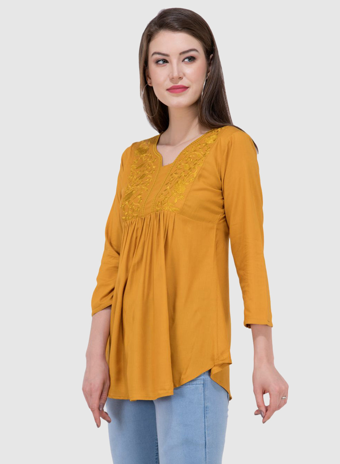 Women Top Mustard Yellow Rayon Casual Regular Fit and Flare 3/4 Sleeve