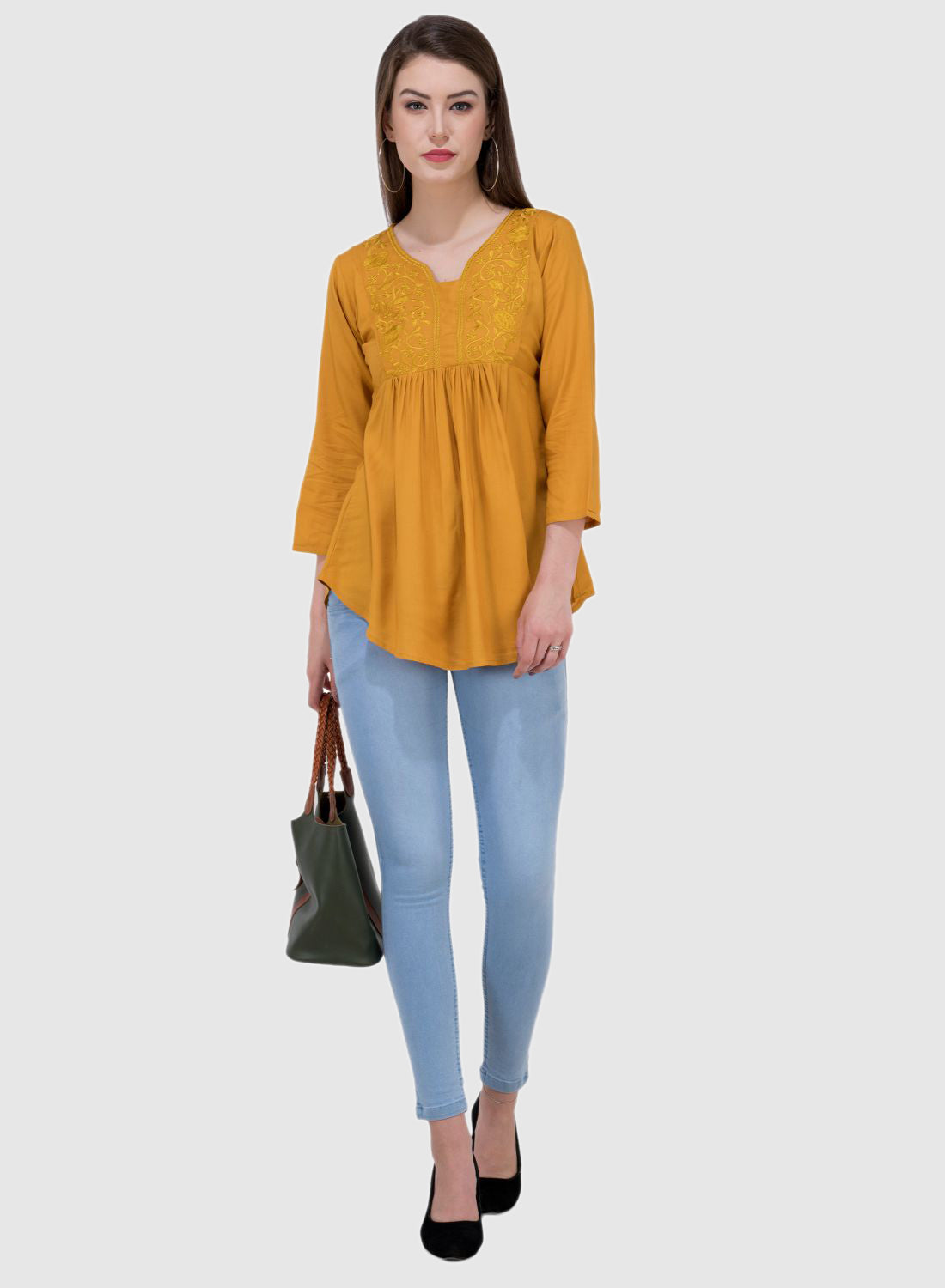 Women Top Mustard Yellow Rayon Casual Regular Fit and Flare 3/4 Sleeve