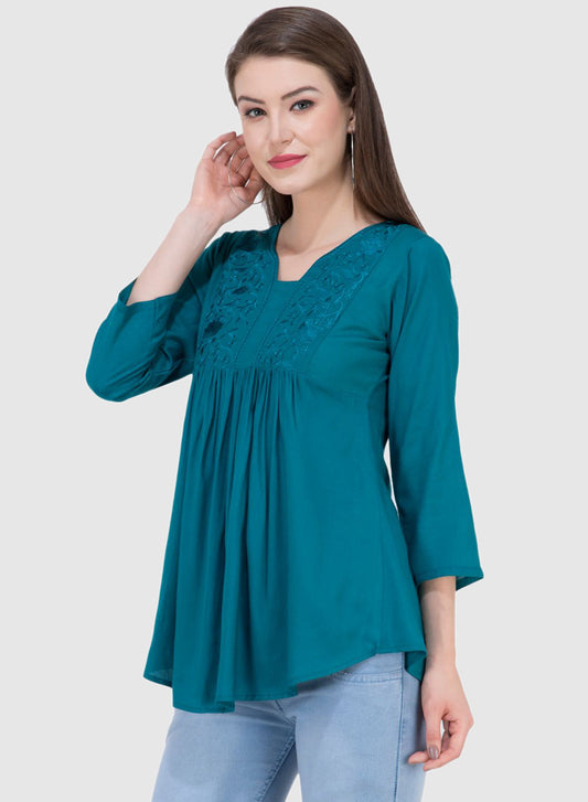 Women Top P Blue Rayon Casual Regular Fit and Flare 3/4 Sleeve