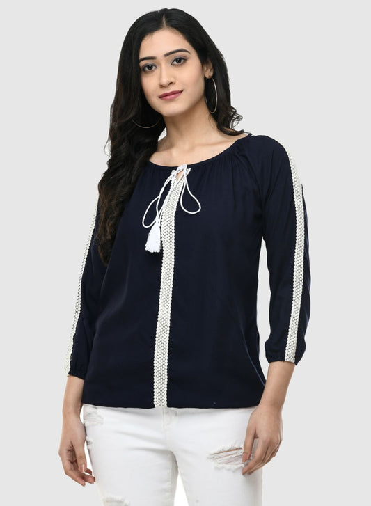 Women Top Navy Blue Casual Regular Fit 3/4 Sleeve