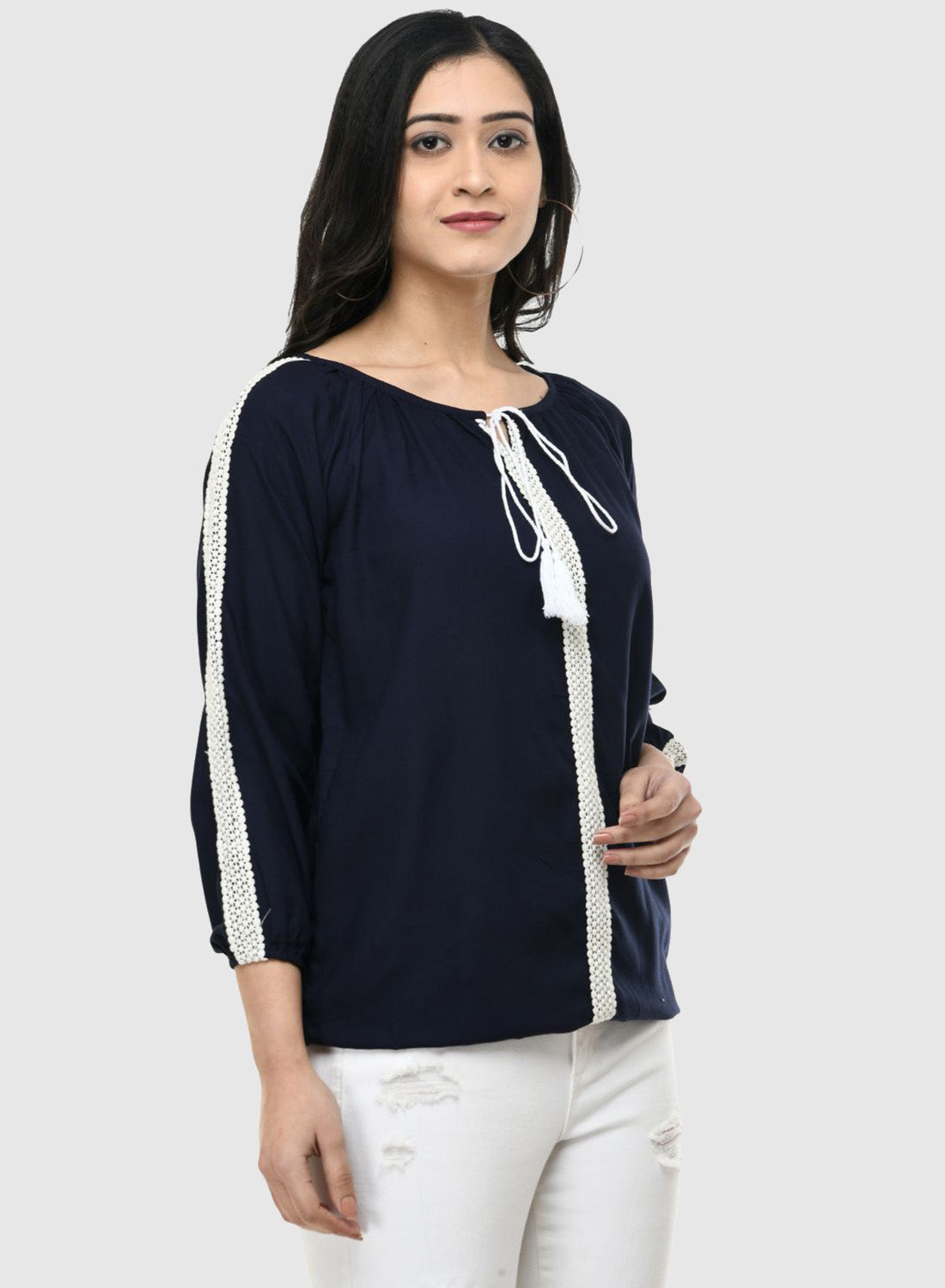 Women Top Navy Blue Casual Regular Fit 3/4 Sleeve