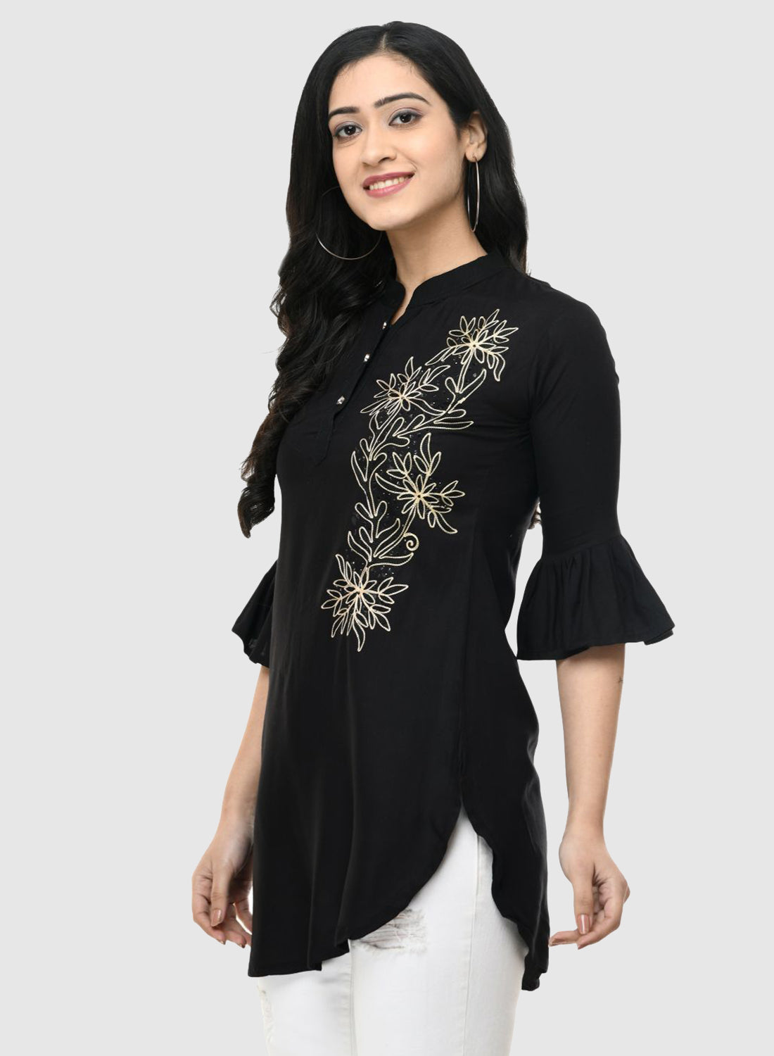 Women Top Black Fit and Flare Bell Sleeve