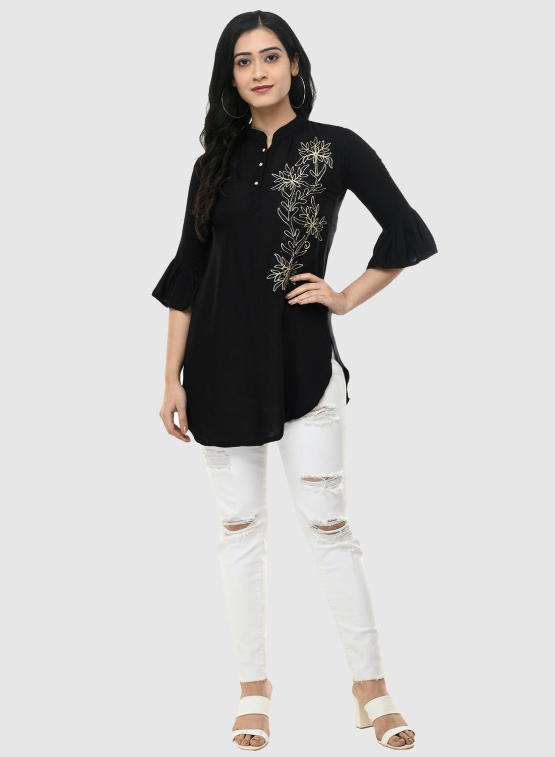 Women Top Black Fit and Flare Bell Sleeve