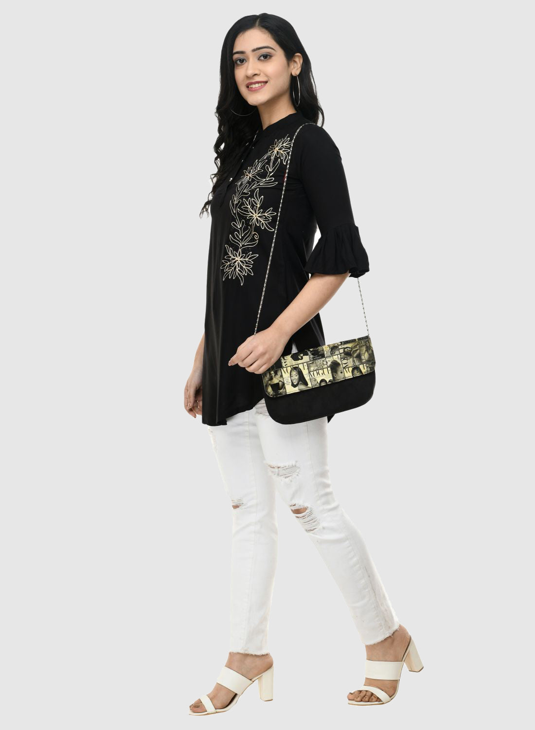 Women Top Black Fit and Flare Bell Sleeve