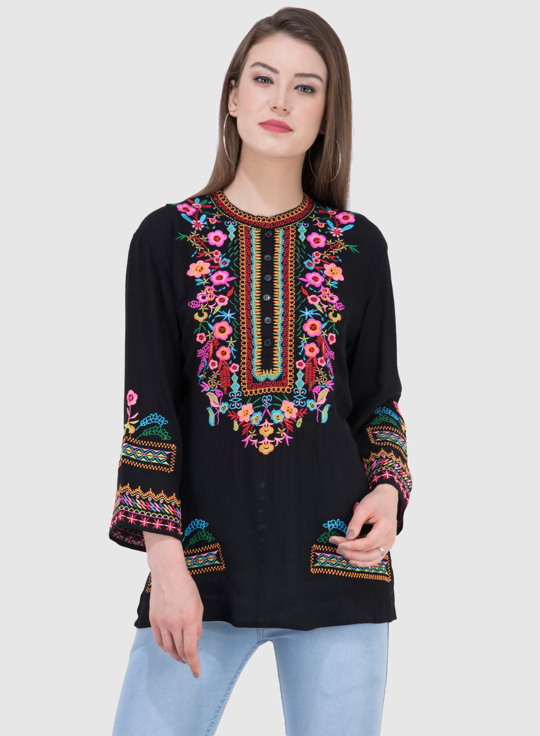 Women Top Black Rayon Crepe Party Wear 3/4 Sleeve Embroidery Work