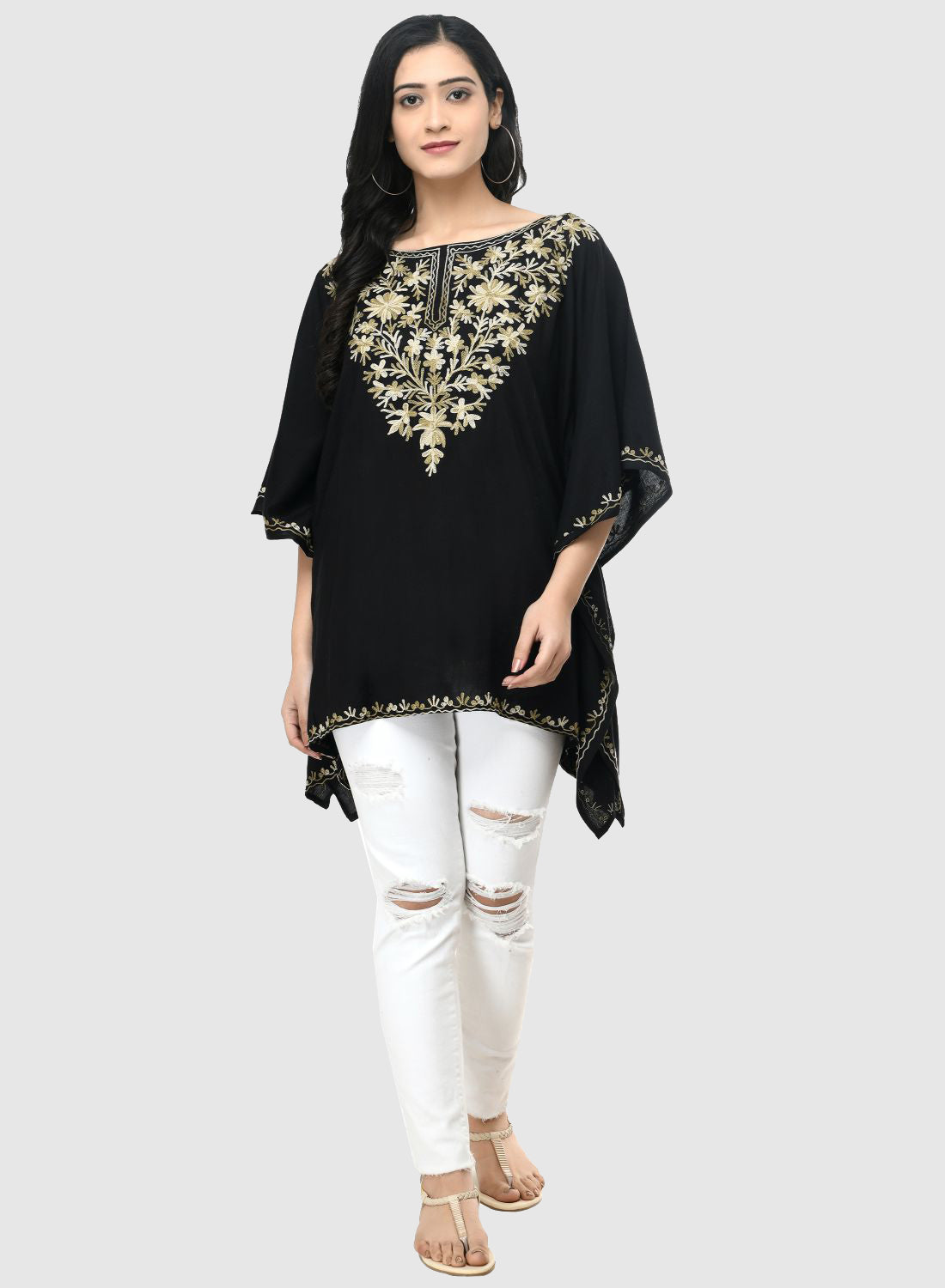 Women Kaftan Top Navy Blue Casual Regular Fit and Flare Embroidery Work