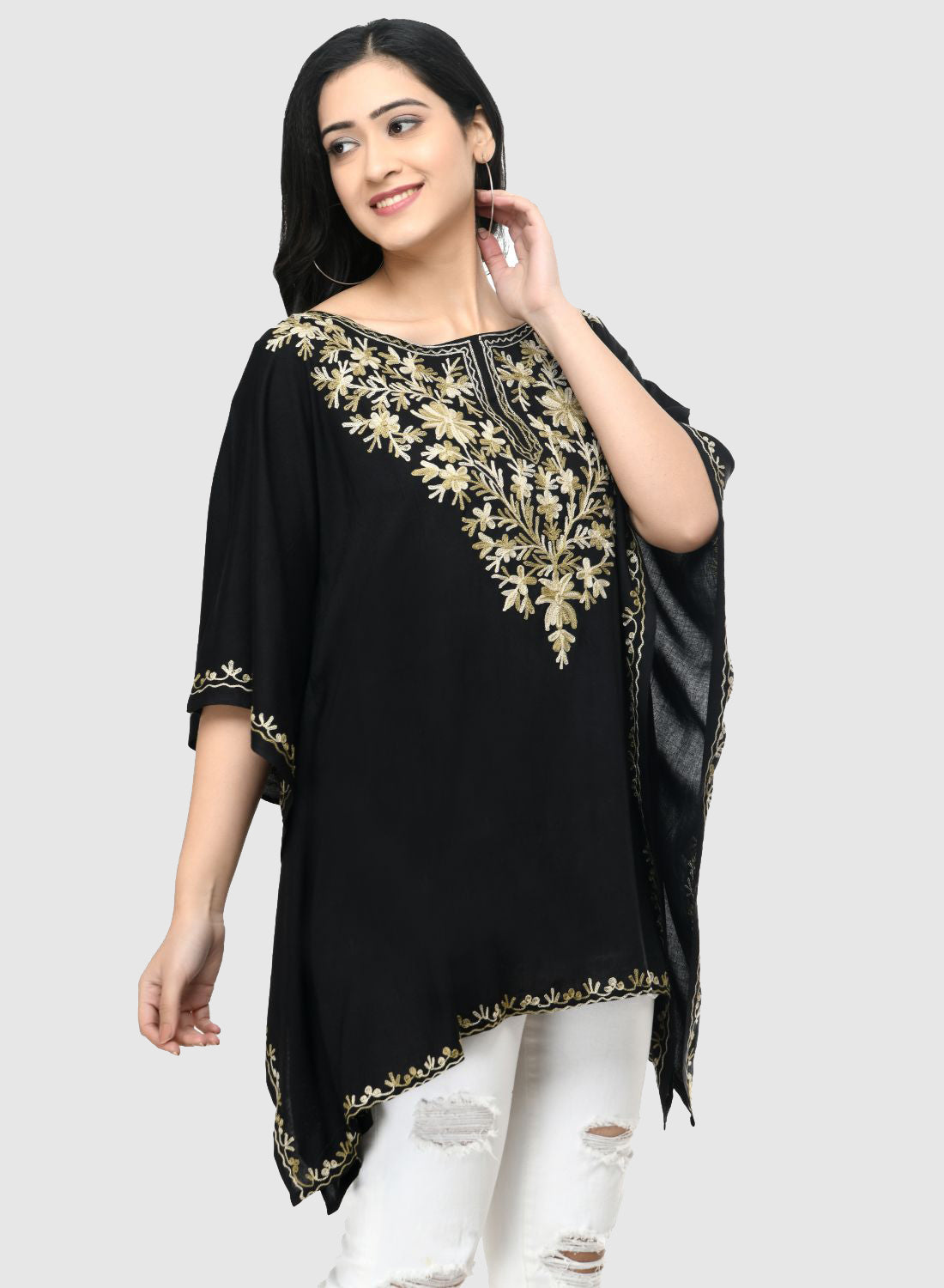 Women Kaftan Top Navy Blue Casual Regular Fit and Flare Embroidery Work