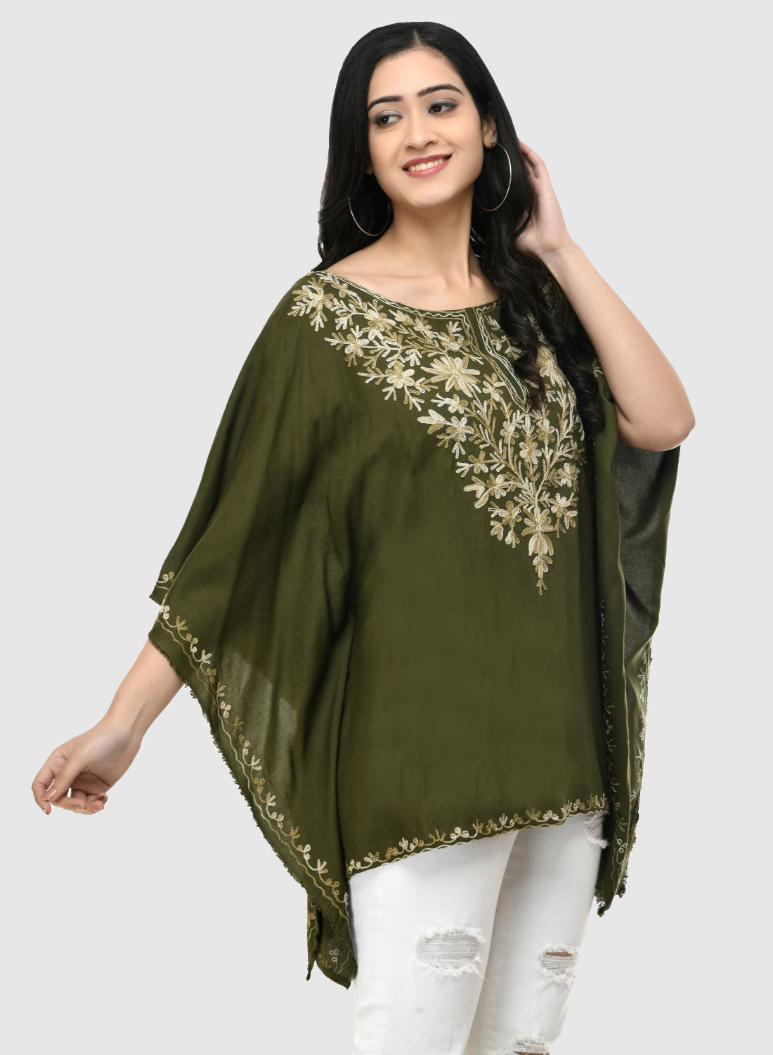 Women Kaftan Top Mehandi Green Casual Regular Fit and Flare Embroidery Work