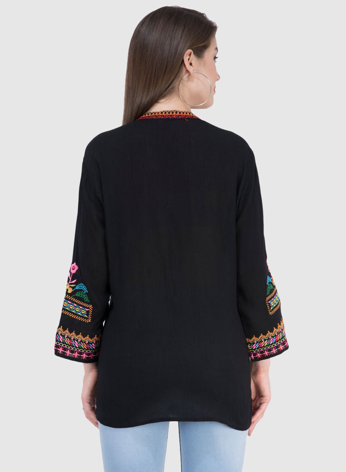 Women Top Black Rayon Crepe Party Wear 3/4 Sleeve Embroidery Work
