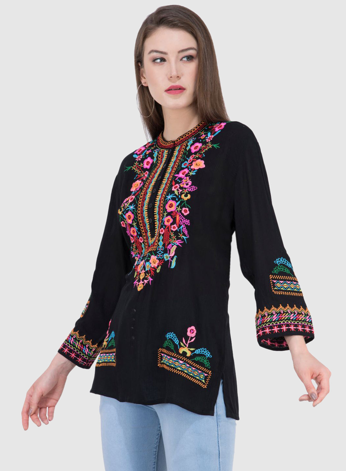 Women Top Black Rayon Crepe Party Wear 3/4 Sleeve Embroidery Work