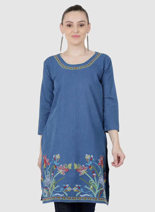 Women Kurti Denim Blue Regular Fit