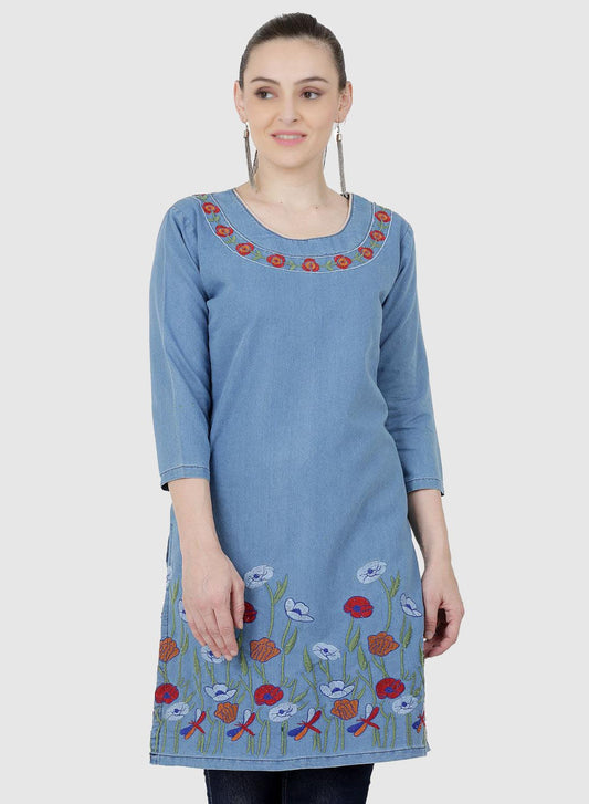 Women Kurti Denim Blue Regular Fit