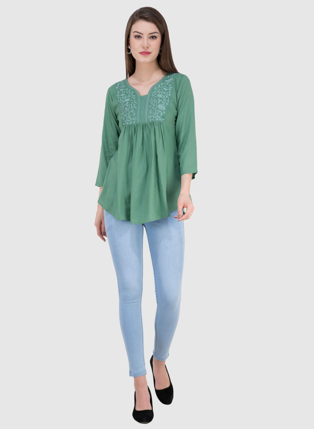 Women Top Sea Green Rayon Casual Regular Fit and Flare 3/4 Sleeve