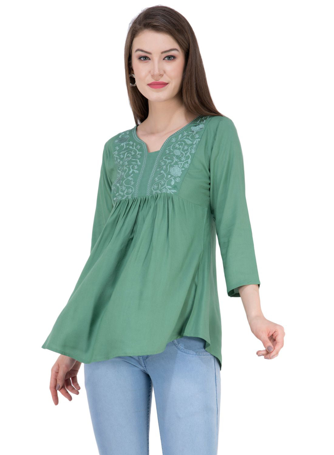 Women Top Sea Green Rayon Casual Regular Fit and Flare 3/4 Sleeve