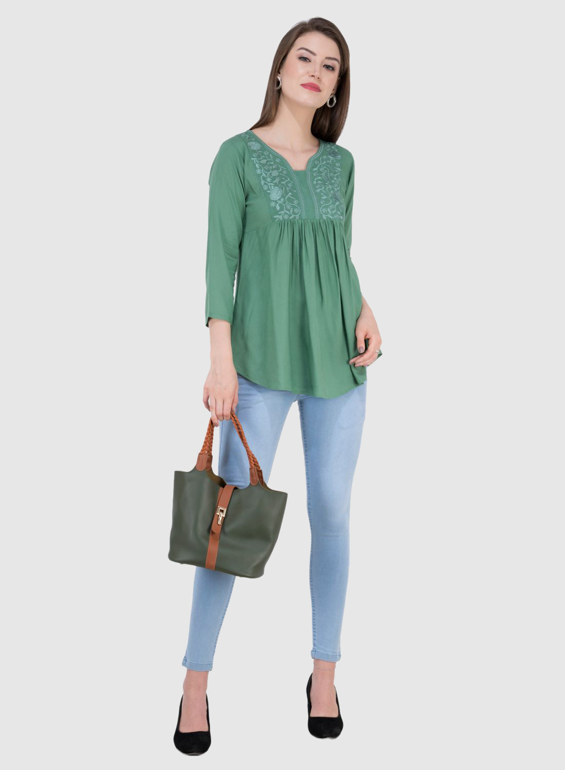 Women Top Sea Green Rayon Casual Regular Fit and Flare 3/4 Sleeve