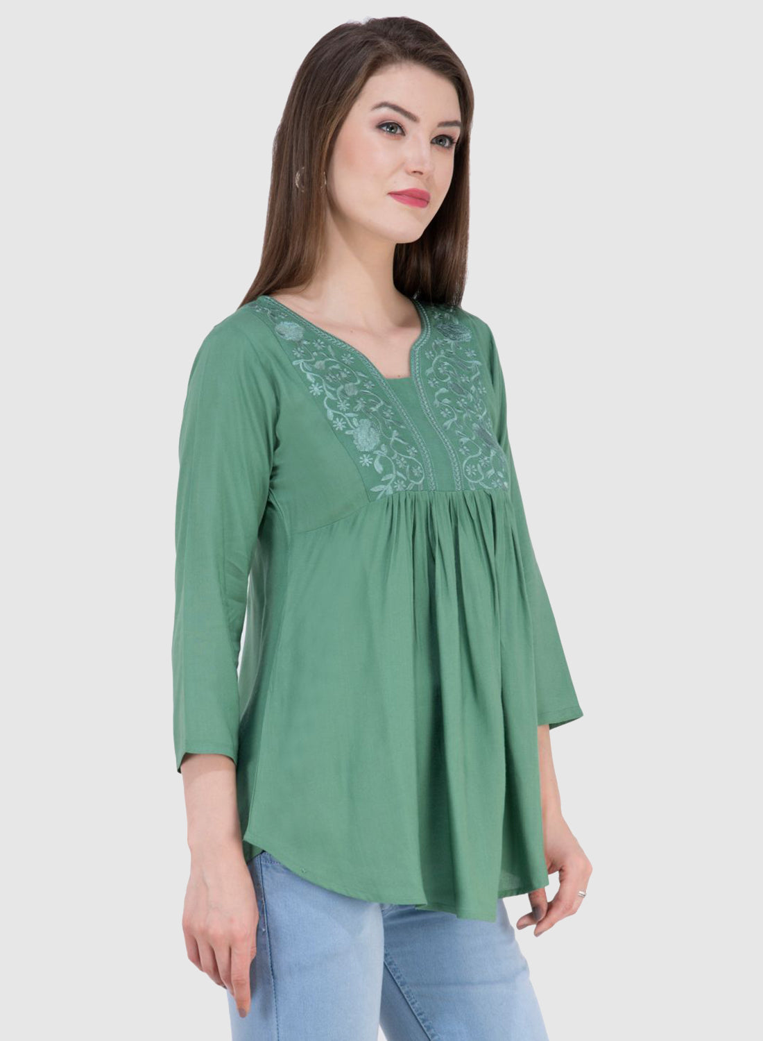 Women Top Sea Green Rayon Casual Regular Fit and Flare 3/4 Sleeve