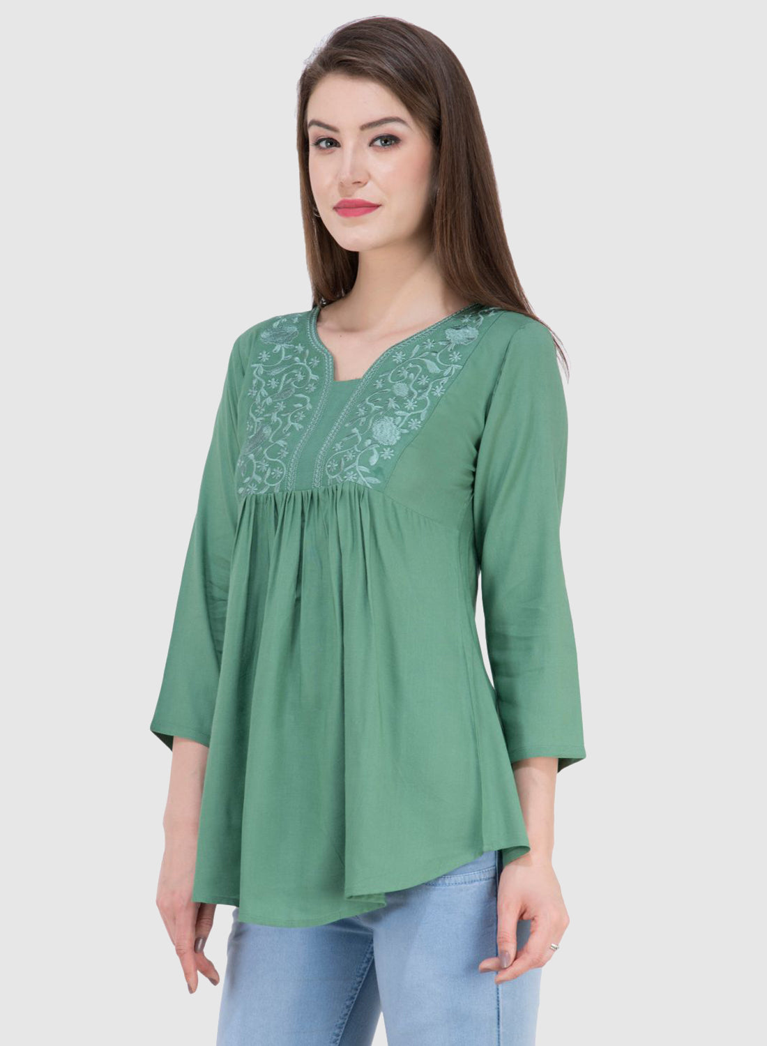 Women Top Sea Green Rayon Casual Regular Fit and Flare 3/4 Sleeve