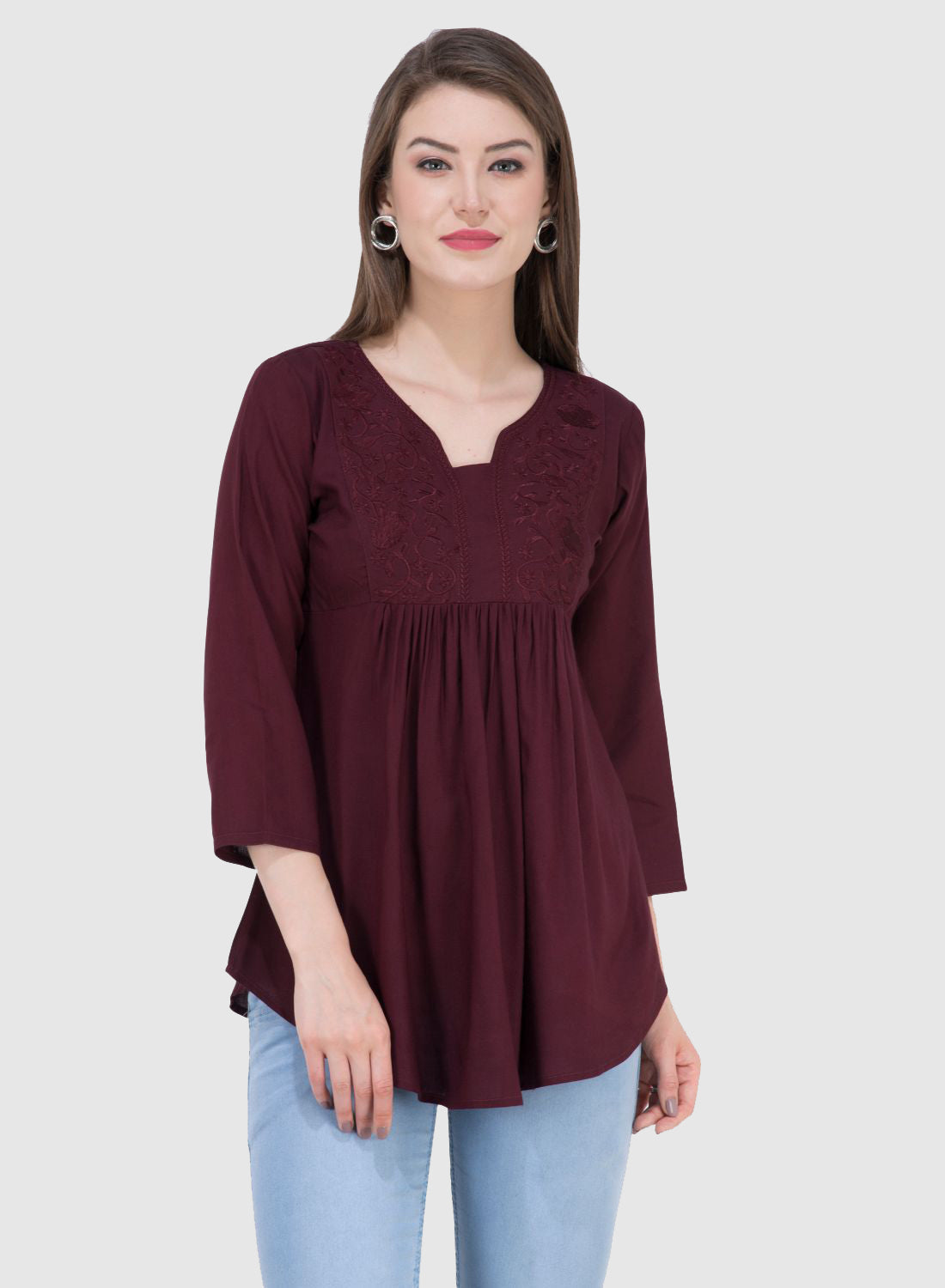 Women Top Wine Brown Rayon Casual Regular Fit and Flare 3/4 Sleeve