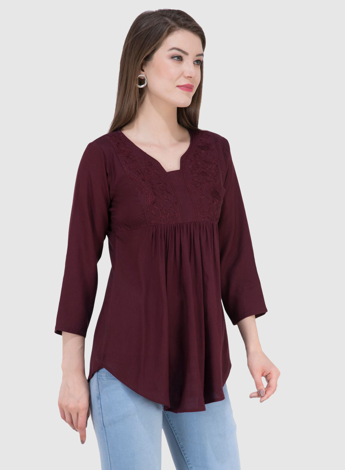 Women Top Wine Brown Rayon Casual Regular Fit and Flare 3/4 Sleeve