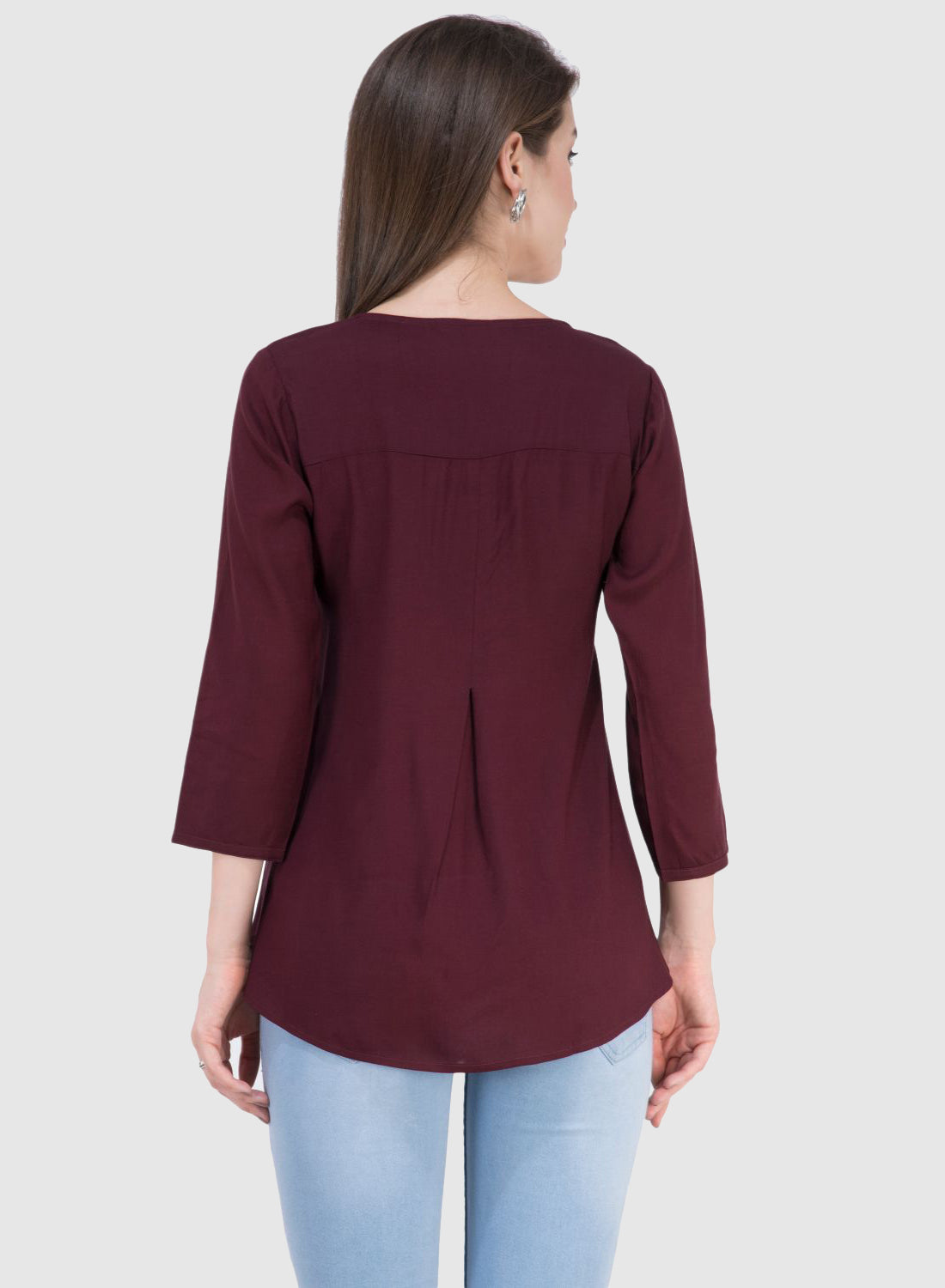 Women Top Wine Brown Rayon Casual Regular Fit and Flare 3/4 Sleeve