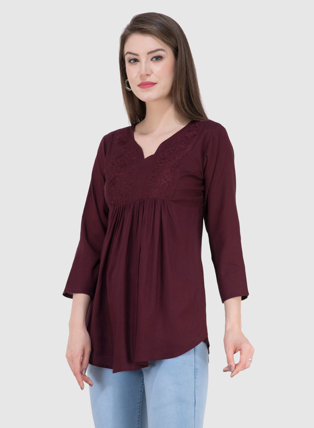 Women Top Wine Brown Rayon Casual Regular Fit and Flare 3/4 Sleeve