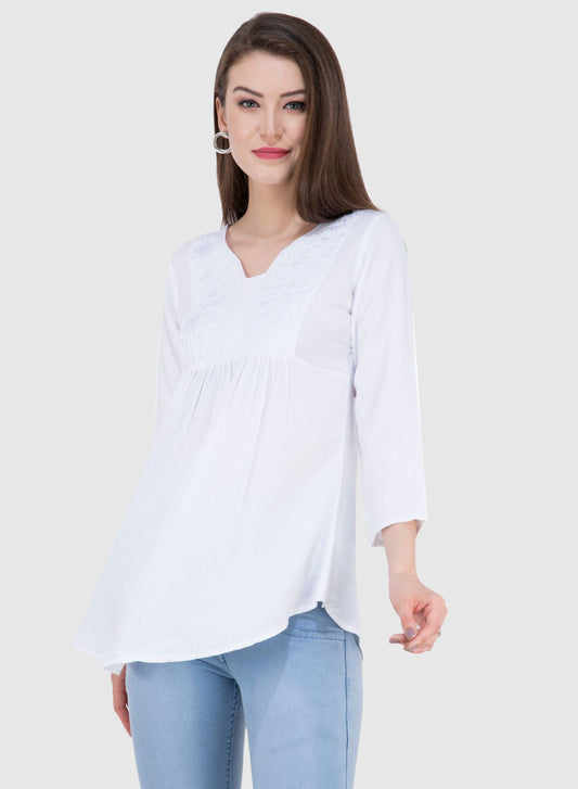 Women Top White Rayon Casual Regular Fit and Flare 3/4 Sleeve