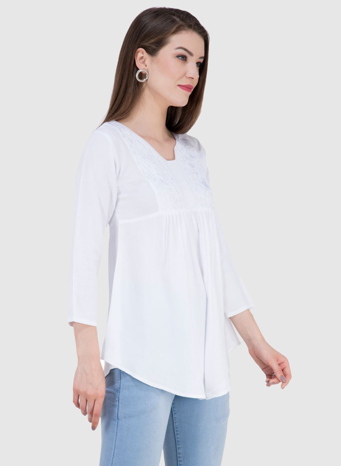 Women Top White Rayon Casual Regular Fit and Flare 3/4 Sleeve